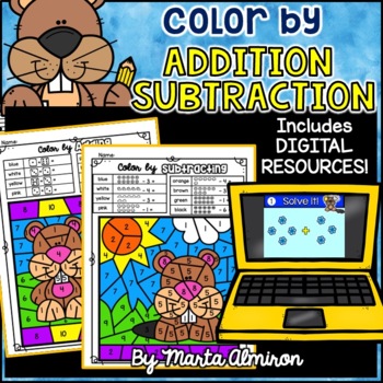 Preview of GROUNDHOG - Color by ADDING / SUBTRACTING Within 10 {Includes Digital Resource}