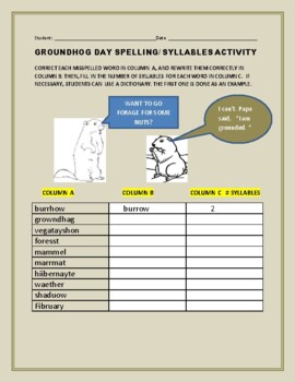 Preview of GROUNDHOG DAY SPELLING/ SYLLABLES ACTIVITY  GRS. 3-8, ELA & ESL