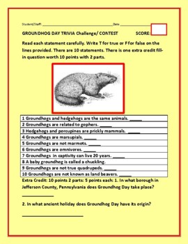 Preview of GROUNDHOG DAY TRIVIA CHALLENGE/CONTEST:  STUDENTS & STAFF