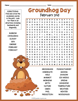 Preview of (3rd, 4th, 5th & 6th Grade) GROUNDHOG DAY Word Search Worksheet Activity
