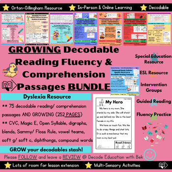 Preview of GROWING 75 Decodable Reading Fluency & Comprehension Phonics Passages BUNDLE