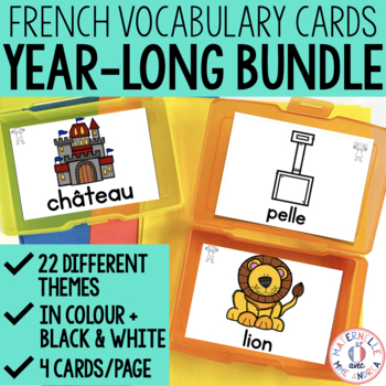 Preview of FRENCH Vocabulary Cards Year Long Bundle (Word Wall Cards Cartes de vocabulaire)