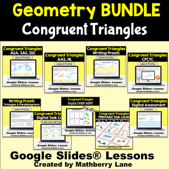 Preview of Congruent Triangles Google Slides Lessons Review Geometry Unit of Study BUNDLE