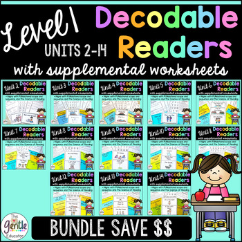 Preview of Decodable Readers Level 1 Bundle & Trick Word, Comp., Fluency Practice