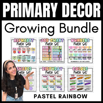Preview of GROWING BUNDLE! Pastel Rainbow Decor for Primary Classrooms