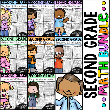Preview of Second Grade Math Worksheets- BUNDLE - Addition, Subtraction, Fractions & More!