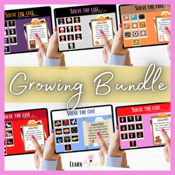 Preview of GROWING BUNDLE, Solve the case puzzle game, BOOM CARDS interactive activity