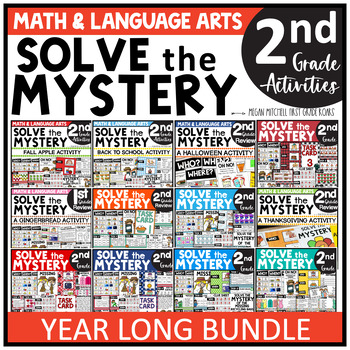 Preview of Solve the Mystery BUNDLE Math & ELA Task Card Activity 2nd Grade