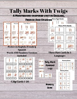 Preview of Tally Marks Montessori Inspired Bundle In English, French, Spanish Math