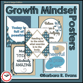 Preview of GROWTH MINDSET POSTERS Blue and Beige Theme Classroom Decor Critical Thinking