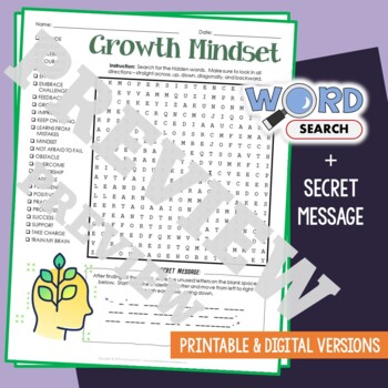 Preview of GROWTH MINDSET Word Search Puzzle Activity Vocabulary Worksheet Secret Message