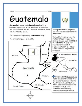 Preview of Introduce Guatemala Printable Map Activity and Reading Comprehension Questions