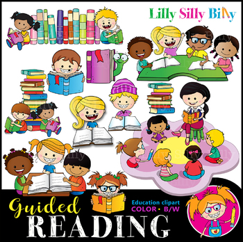 Preview of GUIDED READING Clipart set. BLACK AND WHITE & Color Bundle. {Lilly Silly Billy}