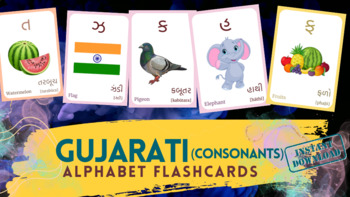 Preview of GUJARATI Alphabet FLASHCARD (Consonants) with picture, Learning Gujarati