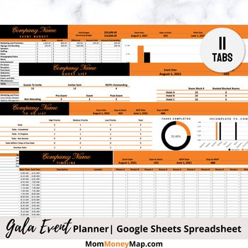 Preview of Gala Event Planner Google Sheets Spreadsheet - Black and Orange