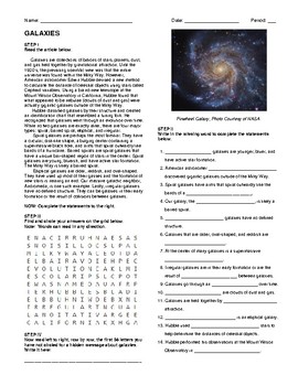 Preview of Galaxies- Article, Questions, Wordsearch, and Hidden Message!