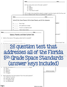 Galaxy Planets And Solar System Test And Study Guide Florida Standards 5th Gr