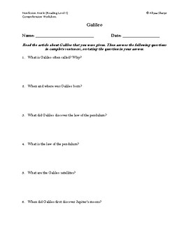 Preview of Galileo Article (Level 1) Comprehension Worksheet