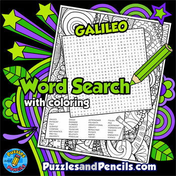 Preview of Galileo Word Search Puzzle Activity Page with Coloring | Outer Space Wordsearch