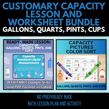 Preview of Gallon Quart Pint Cup Lesson and Worksheet, Math Capacity Liquid Measurement