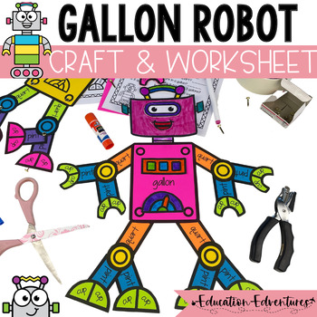 Preview of Gallon Robot Craftivity & Customary Volume Coloring Worksheet 