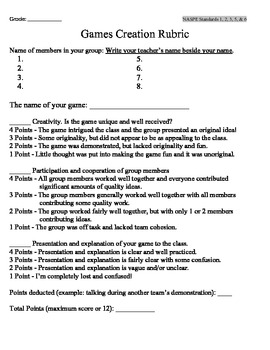 Preview of Game Creations Lesson, Worksheet with Rubric for PE