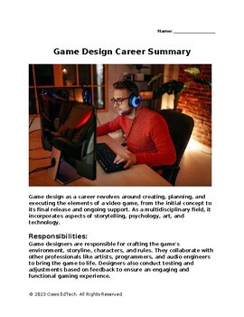 Preview of Game Design Career Summary Worksheet!