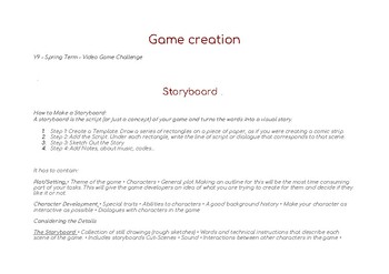 Preview of Game creation - Storyboard and schematics