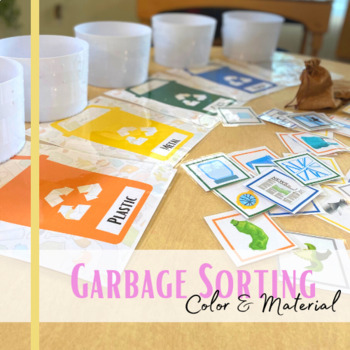 Preview of Earth Day garbage sorting by color & material, preschool & kindergarten activity