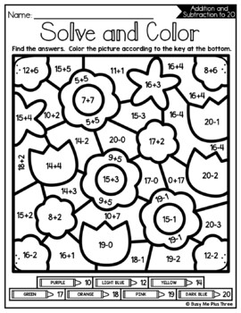 Garden Color by Number Addition and Subtraction to 20 Flowers Insects ...