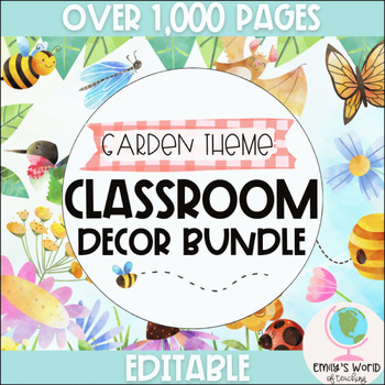 Preview of Garden Theme Classroom Decor Bundle (Watercolor Flower/Bug Decor) - EDITABLE