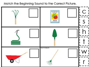 Gardening Themed Match the Beginning Sound Printable Preschool Game.