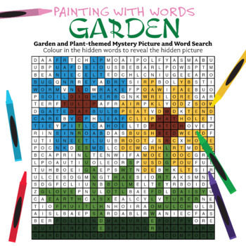 Preview of Gardens Reading and Writing Vocabulary Word Search Mystery Picture to Color