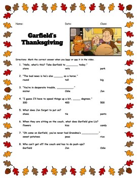 Preview of Garfield Thanksgiving Video Questions