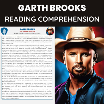 Preview of Garth Brooks Reading Comprehension Worksheet | Country Music Singer