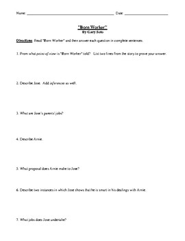 Preview of Gary Soto's "Born Worker": Worksheet or Test with Detailed Answer Key