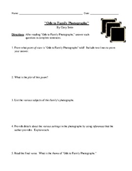 Preview of Gary Soto's "Ode to Family Photographs" Worksheet or Test with Answer Key