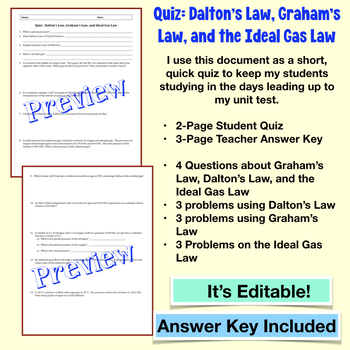 Gas Law Quiz Dalton S Law Graham S Law Ideal Gas Law By Amy Brown Science