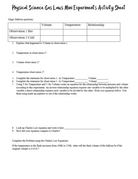 3 Gas Laws Mini Experiments to develop equations and activity sheets