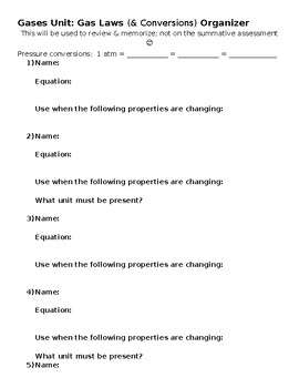 Preview of Gases Unit Notes - Gas Law Organizer