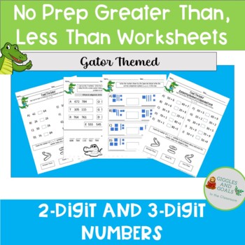 Preview of Greater Than Less Than Printable Worksheets - 2 Digit and 3 Digit - Gator Themed