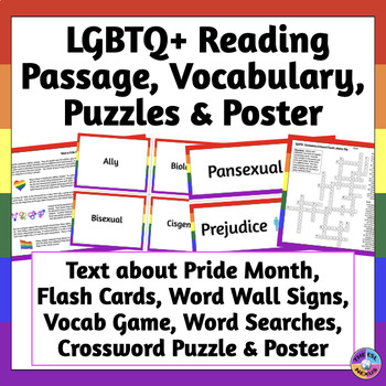 Preview of Gay Pride Month Reading Passage with LGBTQ+ Vocabulary Activities & Puzzles