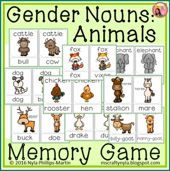 gender nouns animals memory game by nyla s crafty teaching tpt