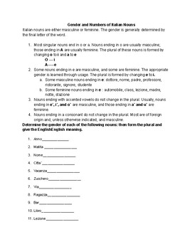 Preview of Gender and Numbers of Italian Nouns Worksheet