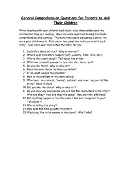 Preview of General Comprehension Questions for Parents to ask Children