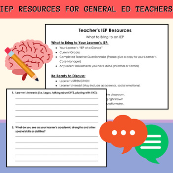 Preview of General Ed Teacher's IEP Resources (What to Bring & Teacher Questionnaire)