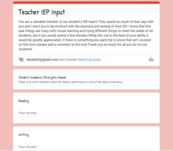 Preview of General Education Teacher IEP Input Form
