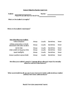 Preview of Speech Therapy- General Education Teacher Input Form