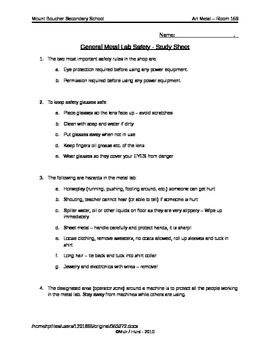 Preview of General Metal Lab safety study sheet and test