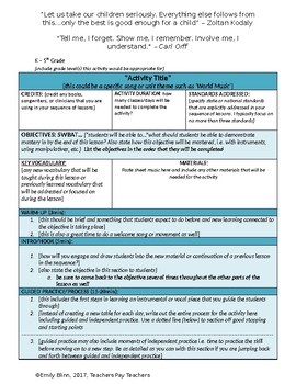 Preview of General Music Activity Planning Template (Editable)